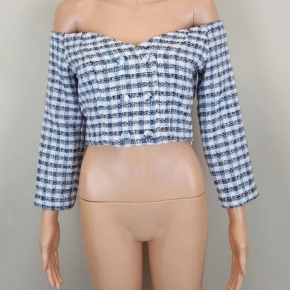Zara Tweed Off Shoulder Long Seeve Cropped Top Size XS - Picture 3 of 10